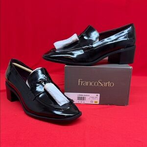 Franco Sarto Black Patent Leather Block Heel Loafers